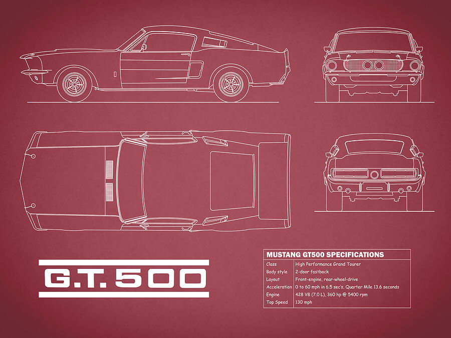 Car Photograph - Shelby Mustang GT500 Blueprint - Red by Mark Rogan