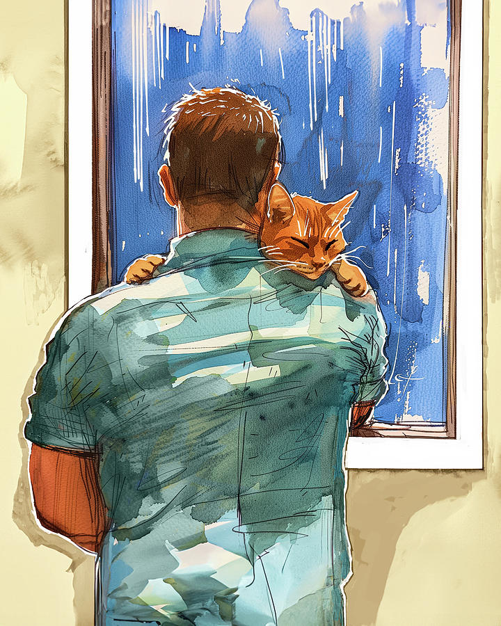 Sheltered Bliss - Man with Happy Cat Digital Art by Mark Tisdale