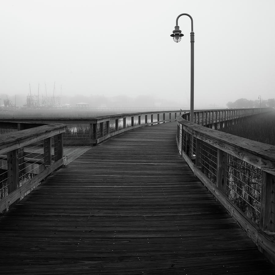 Shem Creek Boardwalk Black and White Photograph by Donnie Whitaker