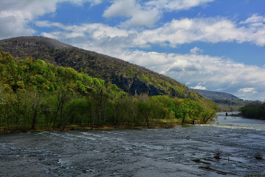 Shenandoah River Crossing Spring Green and Snow in the Mountains Photograph by Raymond Salani III