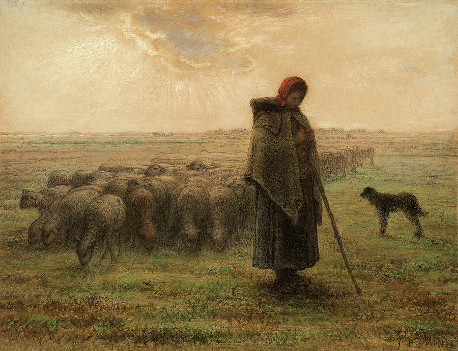holy Hostile close Shepherdess and Her Flock, 1865 Painting by Jean-Francois Millet - Pixels