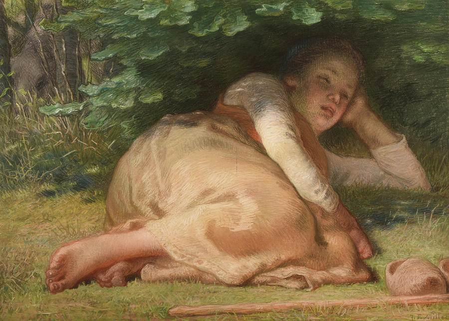 Shepherdess Sleeping in the Shade of an Oak Bush Drawing by Jean-Francois Millet