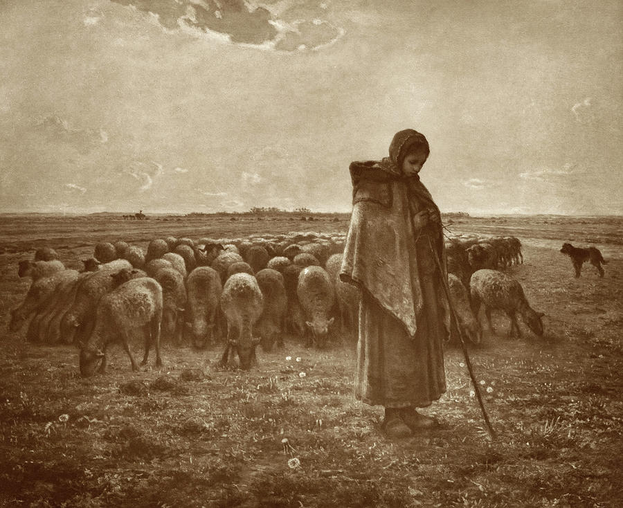 Jean Francois Millet Painting - Shepherdess with her Flock, 1863 by Jean-Francois Millet