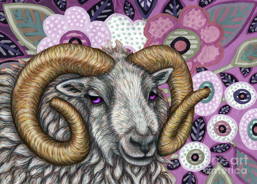 Shetland Ram Floral Painting by Amy E Fraser