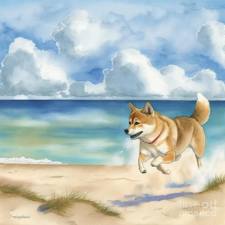 Summer Painting - Shiba_inu Running At Beach by N Akkash