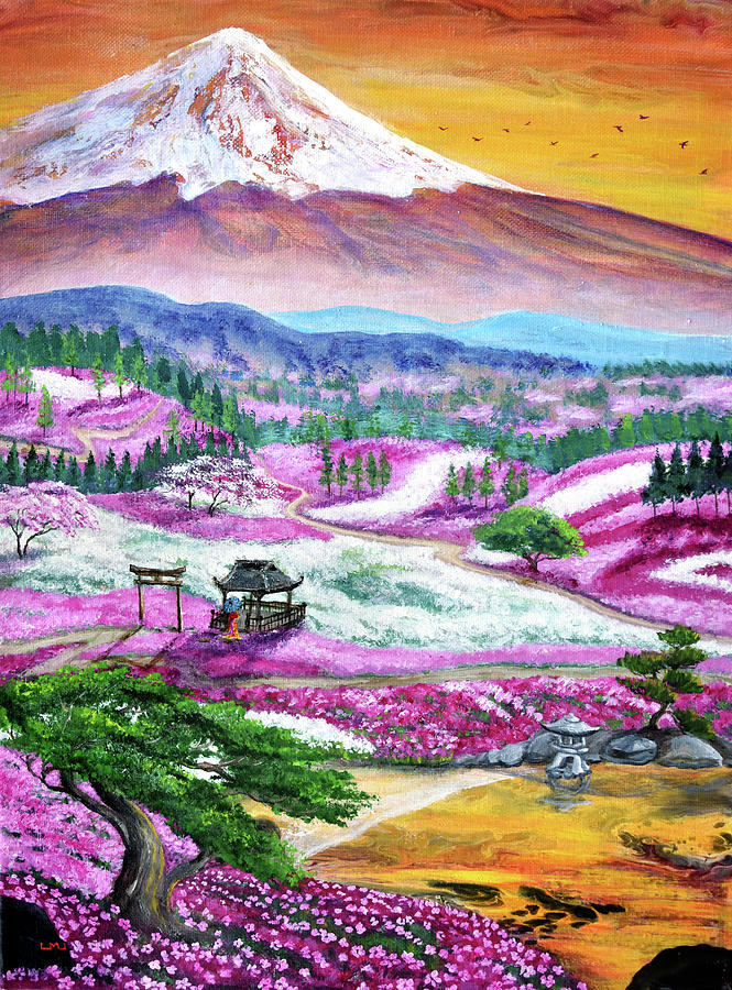Shibazakura at Sunset Painting by Laura Iverson