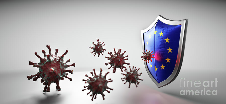 Shield in EU European Union flag protect from coronavirus COVID-19. Photograph by Michal Bednarek