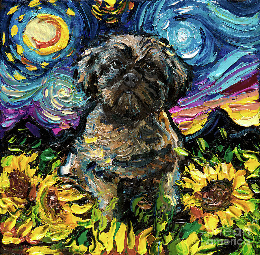 Shih Tzu and Sunflowers Night Painting by Aja Trier