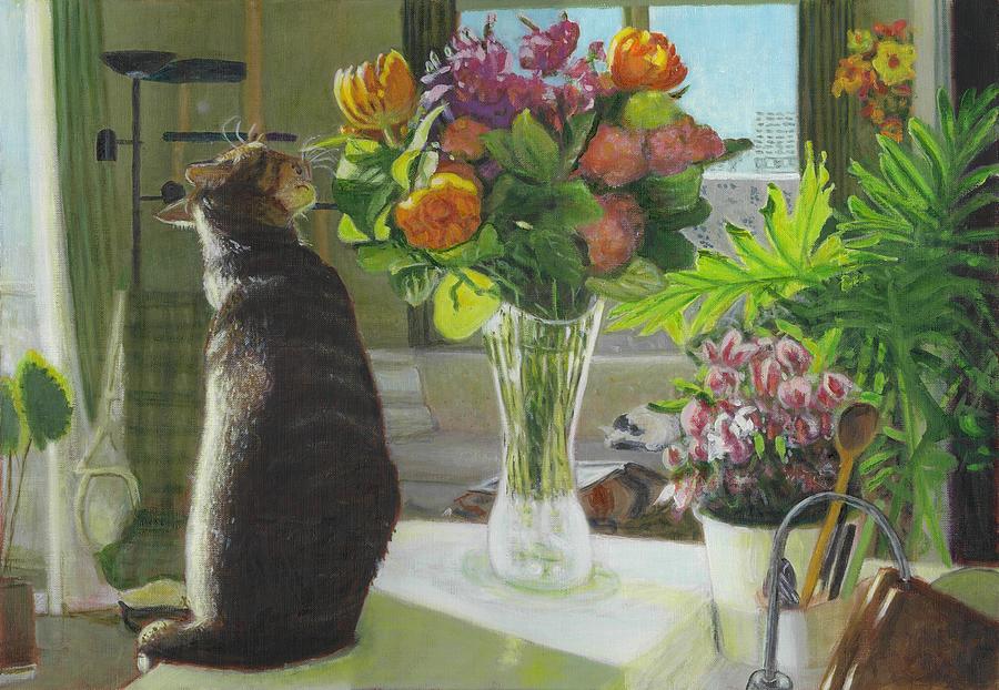 Flower Painting - Shima and Flowers by Frank Pulieri