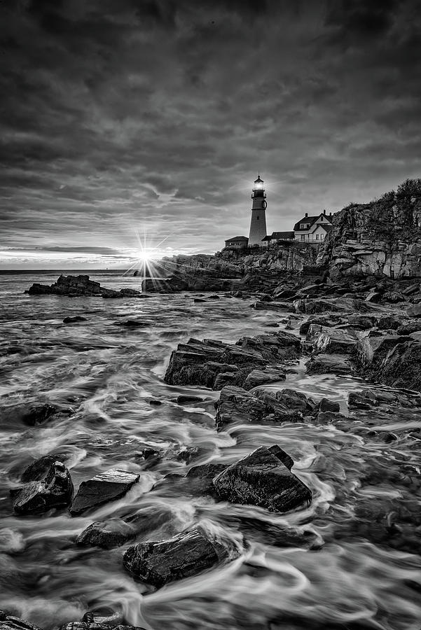 Portland Photograph - Shining Through at Portland Head in Black and White by Rick Berk