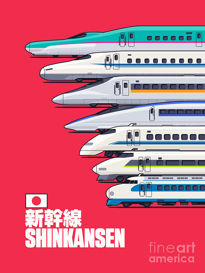 Train Digital Art - Shinkansen Bullet Train Evolution - Red by Organic Synthesis