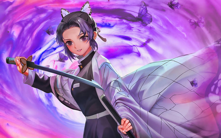 Shinobu Kochou With Sword Kimetsu No Yaiba Demon Hunter Manga Shinobu Kochou Female Warrior Kimono B Digital Art By Kinney Deleon