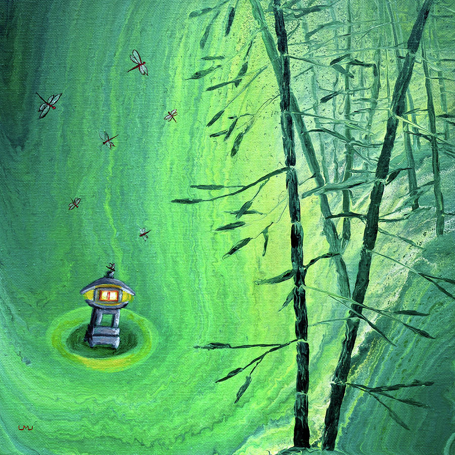 Shinto Lantern in Green Bamboo Painting by Laura Iverson