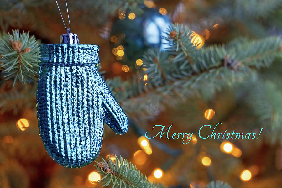 Shiny Blue Mitten Christmas Tree Ornament - Merry Christmas Photograph by Patti Deters