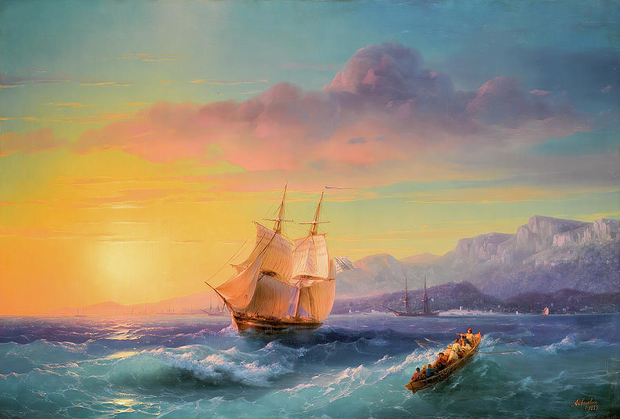 Ship at Sunset off Cape Martin Painting by Eric Glaser