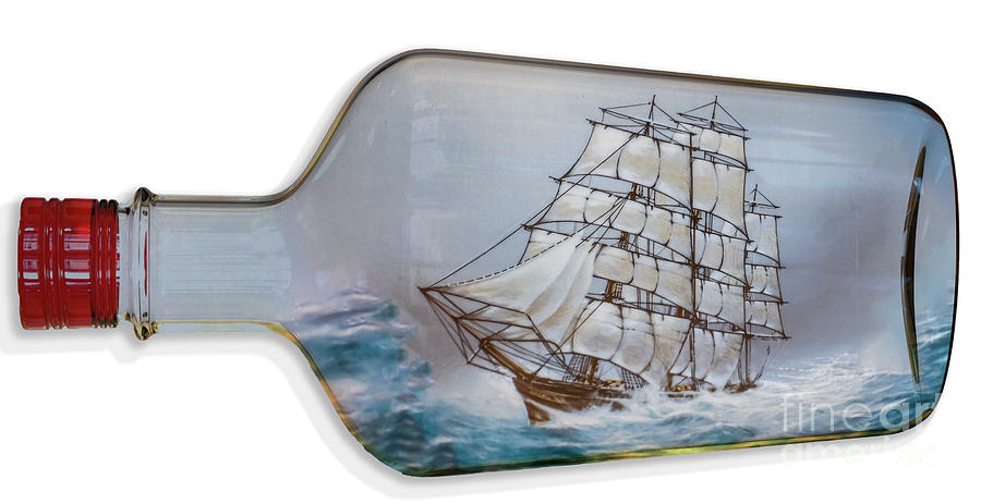 Bottle Photograph - Ship in a bottle in rough waters o1 by Humorous Quotes