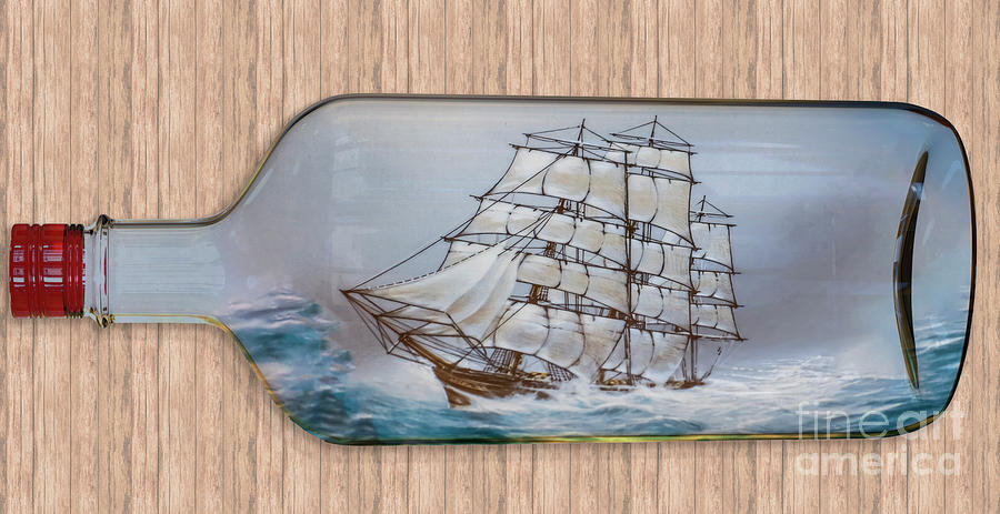 Bottle Photograph - Ship in a bottle in rough waters o3 by Humorous Quotes
