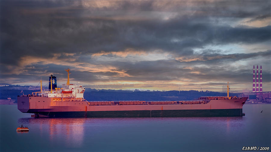 Ship in Bedford Basin at Sunset Digital Art by Ken Morris