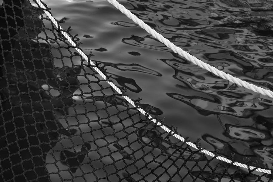 Ship railing net, ropes and water form an abstract pattern  in a harbor bay - monochrome Photograph by Ulrich Kunst And Bettina Scheidulin