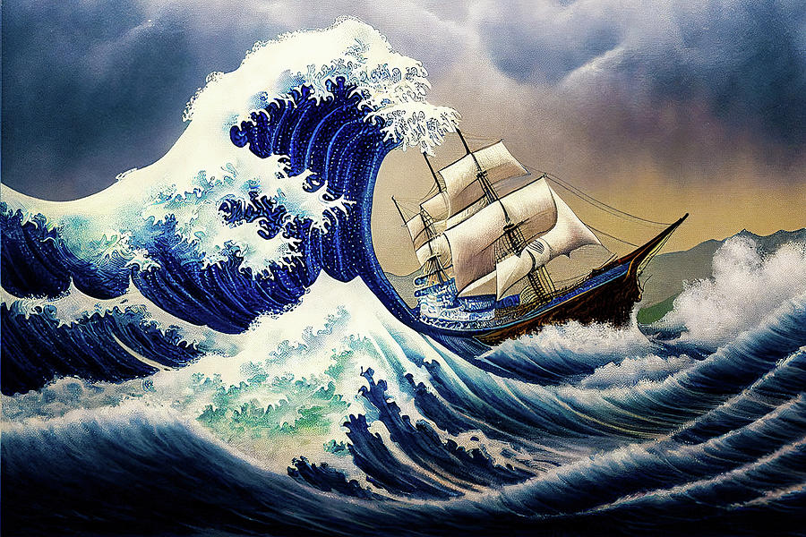 Ship sailing the great wave off Kanagawa 01 Digital Art by Matthias Hauser