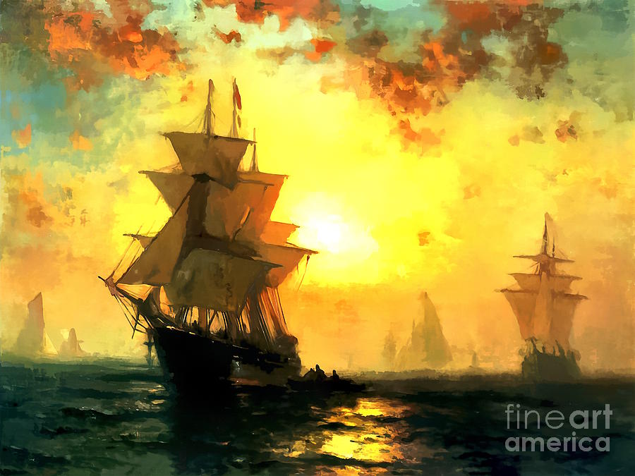 Ships at sunset. Digital Art by Jerzy Czyz