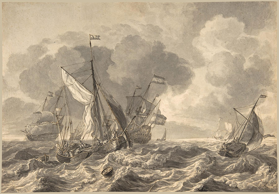 Ships in a Stormy Sea Drawing by Circle of Ludolf Backhuysen