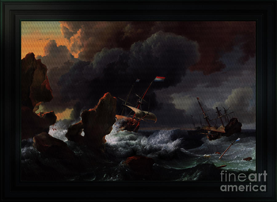 Ships In Distress Off A Rocky Coast by Ludolf Bakhuizen Classical Art Reproduction Painting by Rolando Burbon