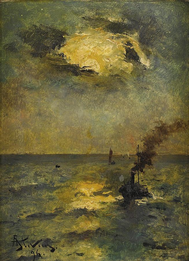 Boat Drawing - Ships Sun Breaking Through Clouds  art by Alfred George Stevens English