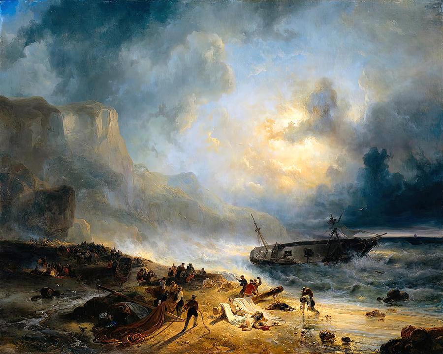 Shipwreck on a Rocky Coast Painting by Wijnandus Johannes Joseph Nuyen