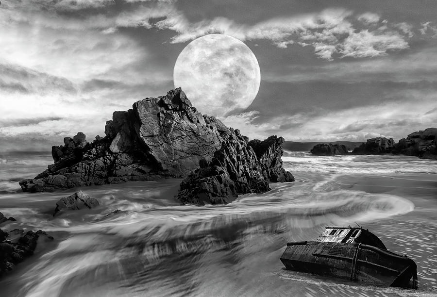 Shipwreck under the Moon Black and White Photograph by Debra and Dave Vanderlaan