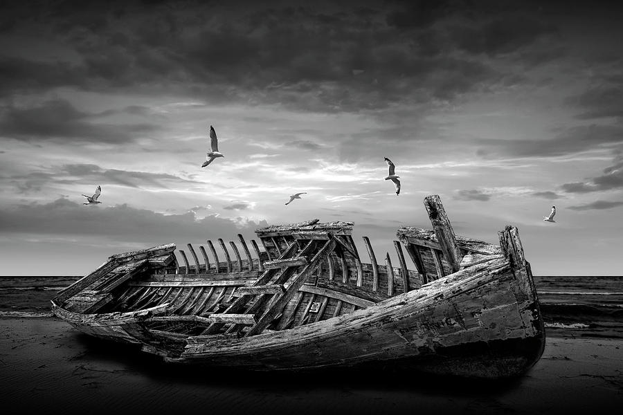Shipwrecked Boat at Sunset in Black and White Photograph by Randall Nyhof