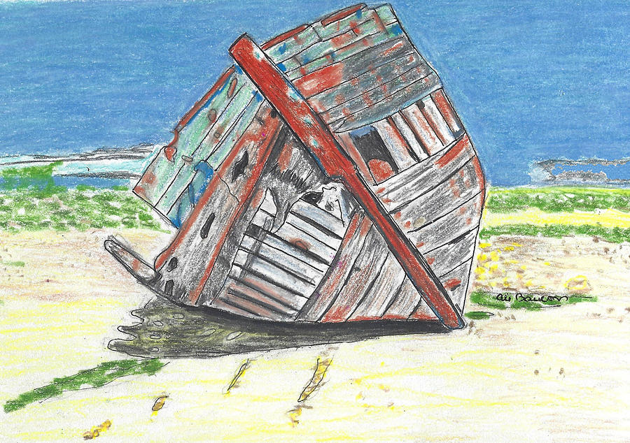 Shipwrecked Colored Pencil Drawing of an Old Boat Drawing by Ali Baucom