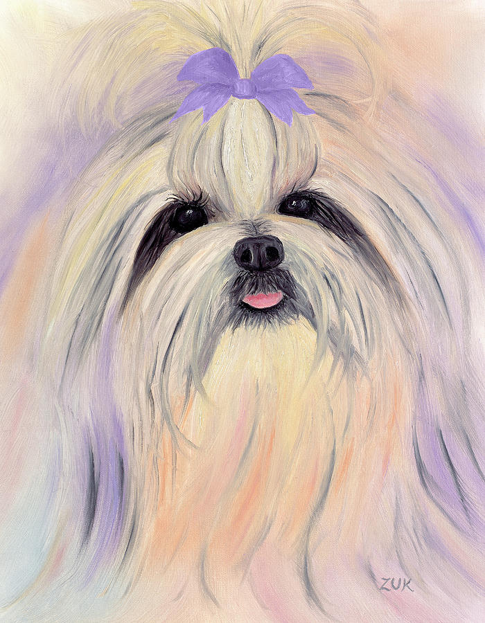 Shitzu With Violet Bow Painting by Karen Zuk Rosenblatt