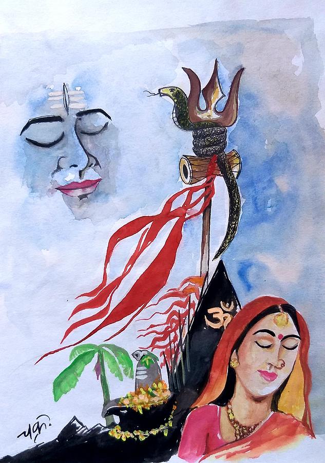 Painting of Shiv Shakti | Water and Pencil Color | Samata Ghosh | Exotic  India Art