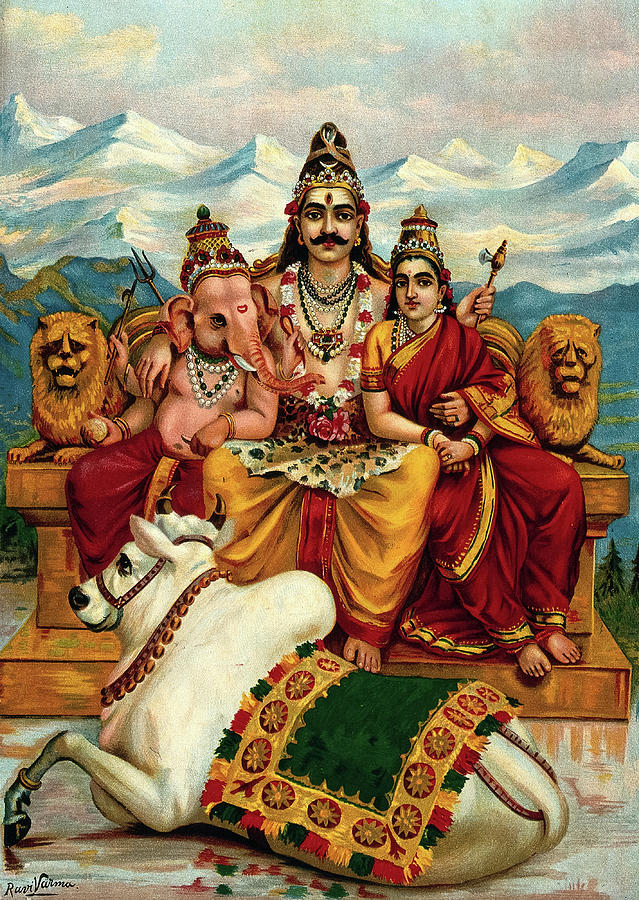 Paradise Painting - Shiva, Parvati and Ganesha enthroned on Mount Kailas with Nandi the bull by Ravi Varma