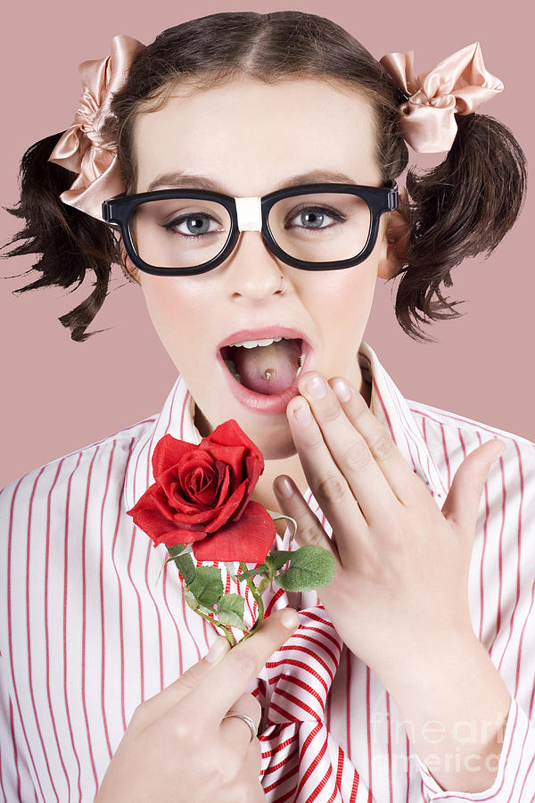 Shocked Romantic Nerdy Girl Holding Red Rose Photograph by Jorgo Photography