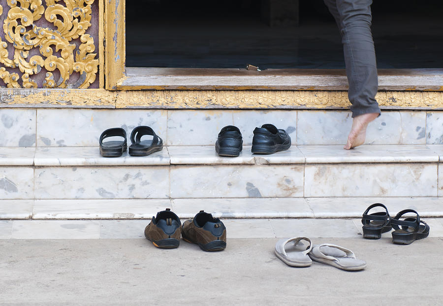 Shoes at Buddhist Temple Entrance Photograph by Leezsnow
