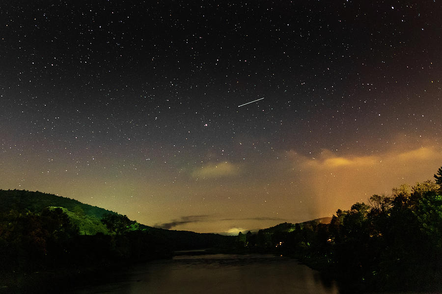 Shooting Star Over The Upper Delaware River - Barryville NY Shohola PA Bridge Photograph by Amelia Pearn