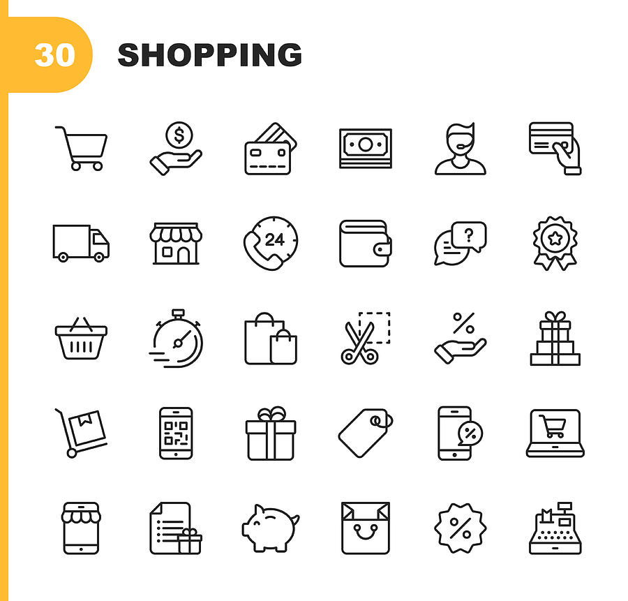 Shopping and E-commerce  Line Icons. Editable Stroke. Pixel Perfect. For Mobile and Web. Contains such icons as Shopping, E-commerce, Payment Method, Piggy Bank, Delivery. Drawing by Rambo182