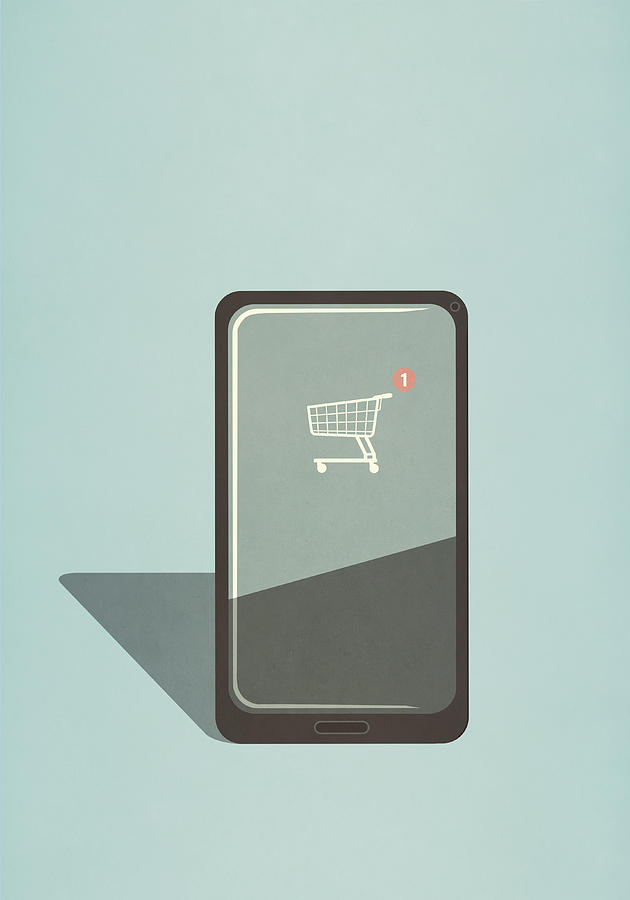 Shopping cart app on smart phone screen Drawing by Malte Mueller