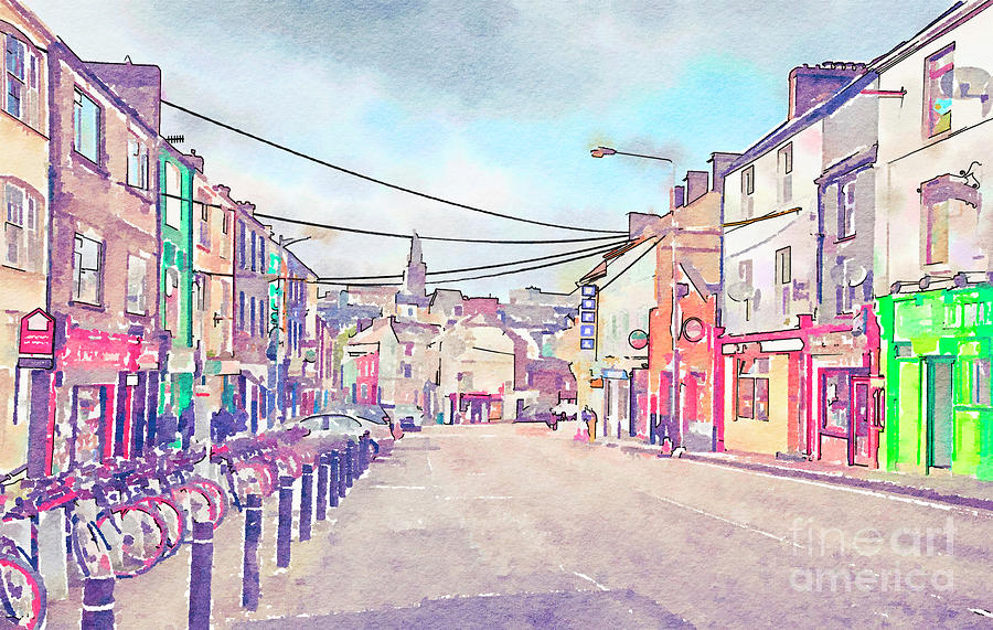 shopping center and streets in Cork, watercolor style Digital Art by Ariadna De Raadt