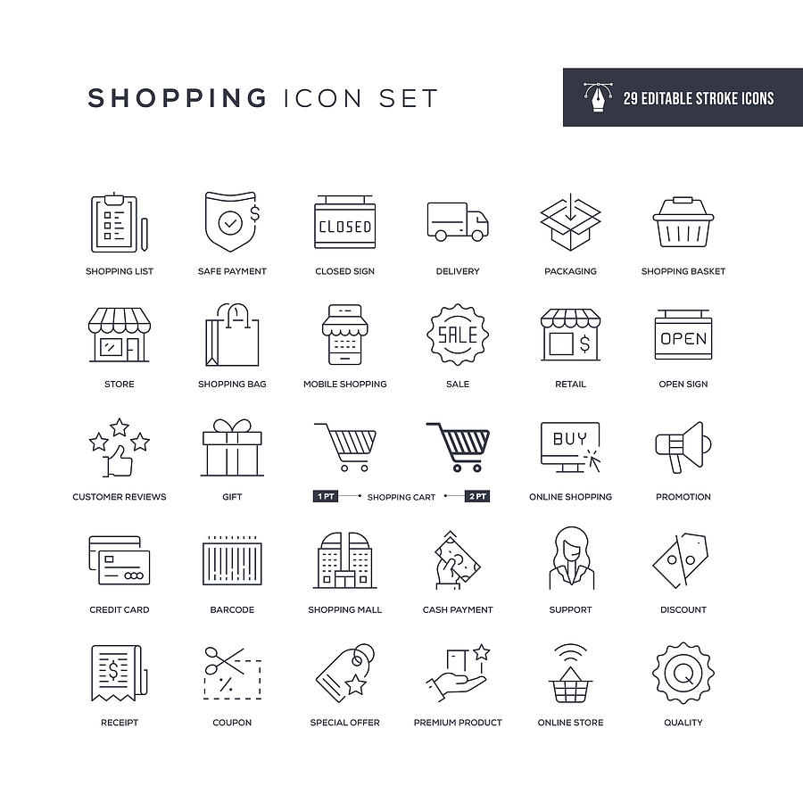 Shopping Editable Stroke Line Icons Drawing by Enis Aksoy