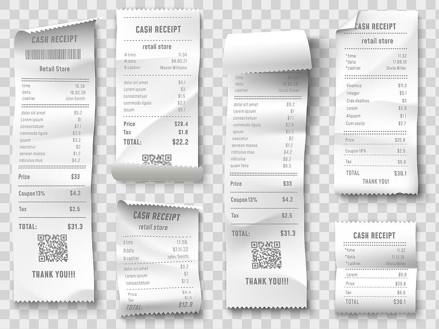 Shopping receipt. Retail store purchase receipts, supermarket invoice printing and purchasing bill isolated vector collection Drawing by Tetiana Lazunova