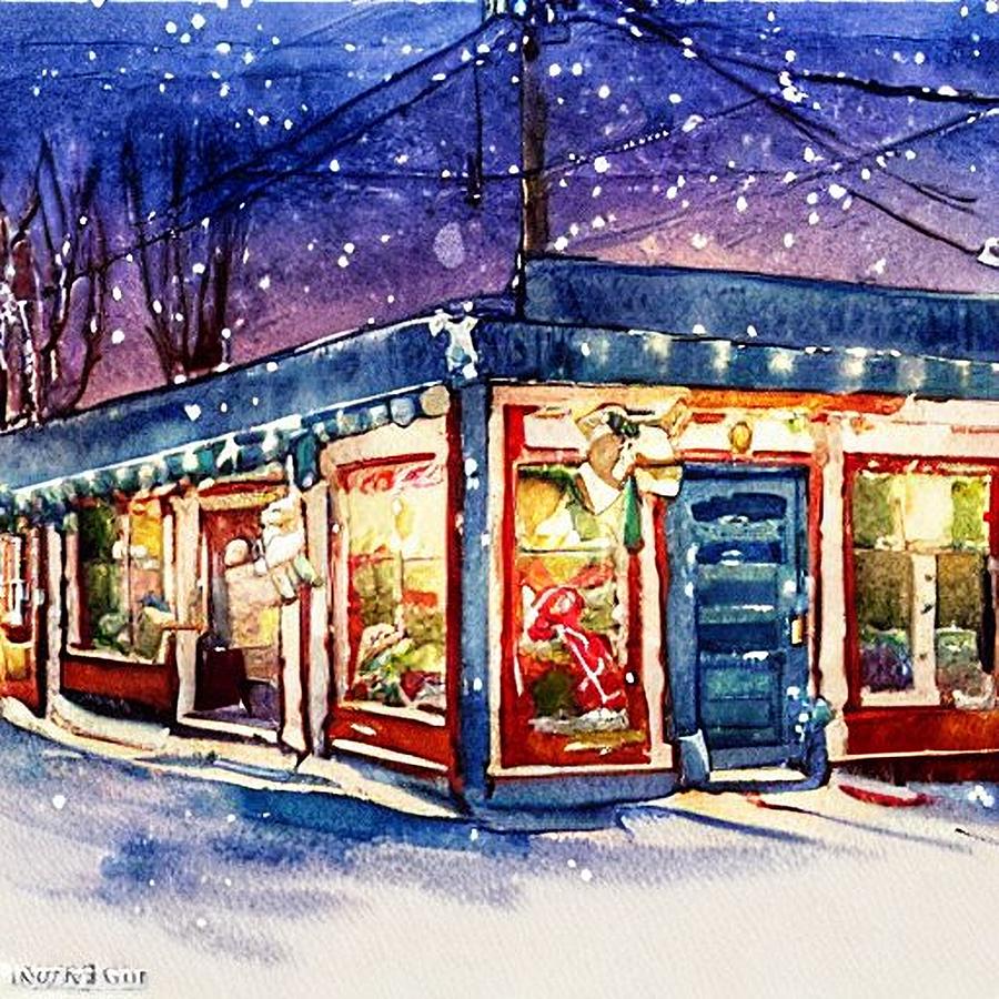 Shops Lit Up for Christmas in Ridgewood, New Jersey Painting by Christopher Lotito