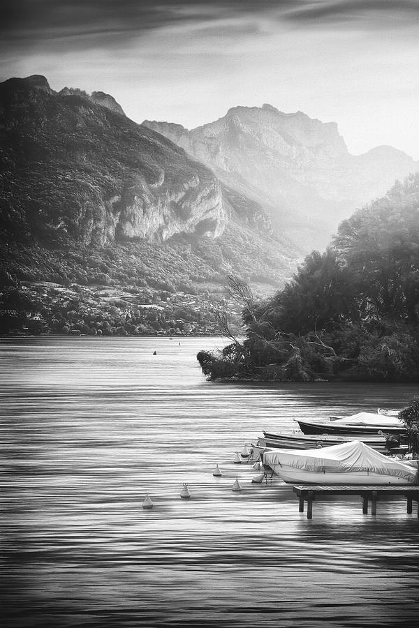 Shores Of Lake Annecy France Black And White Photograph