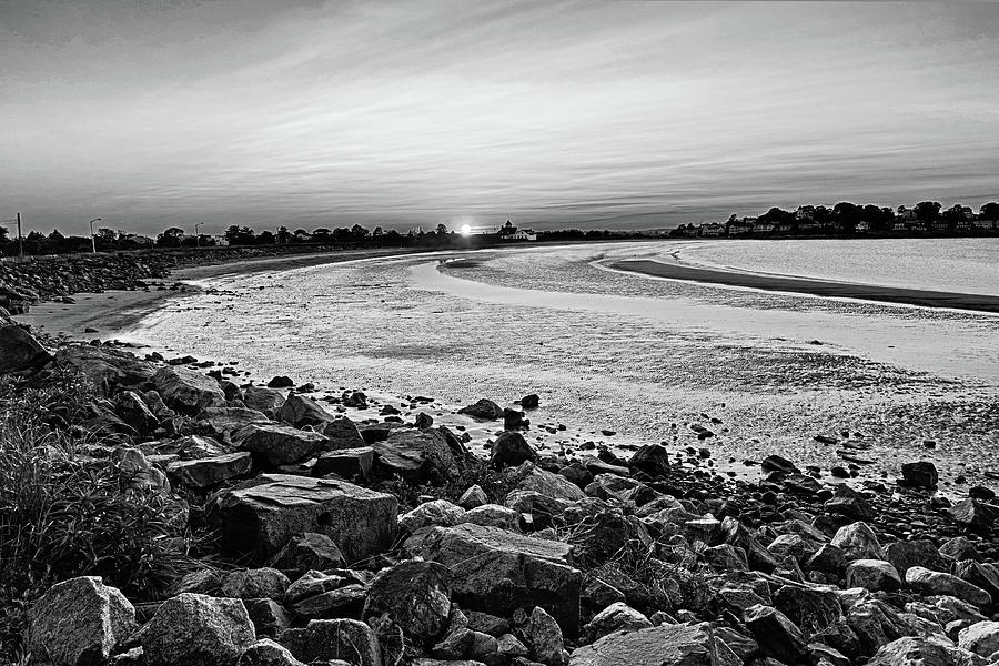 Short Beach Sunset Nahant MA Rocky Coast Black and White Photograph by Toby McGuire