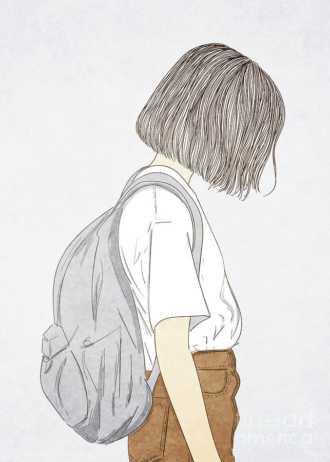 Short Hair Girl Carrying A Bag - Line Art Graphic Illustration Artwork Digital Art by Sambel Pedes