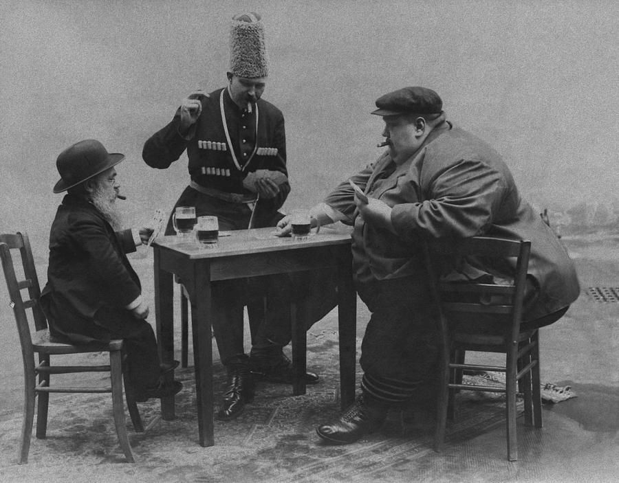 Shortest, Tallest, And Fattest - Men In Europe Playing Cards And Drinking - 1913 Photograph