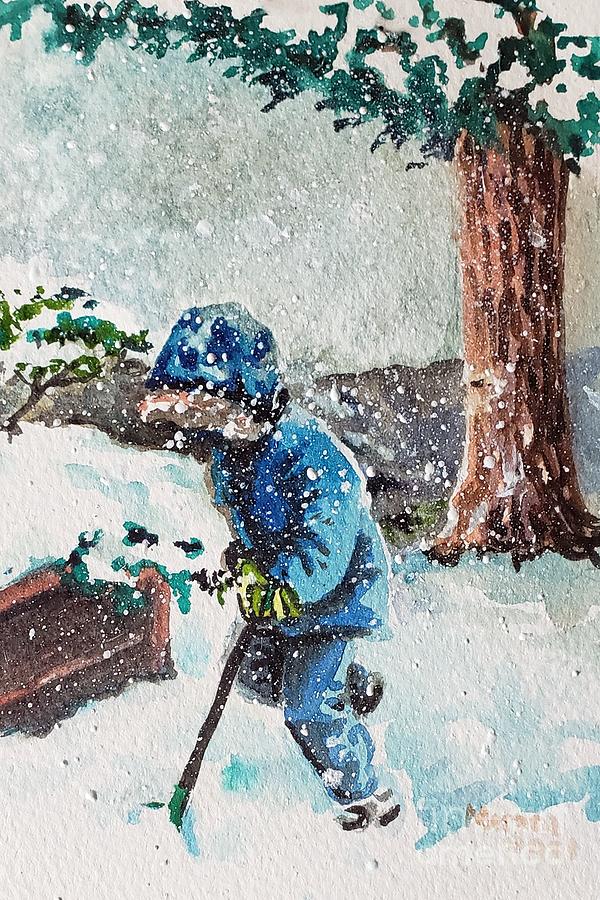 Shoveling Snow Painting by Merana Cadorette