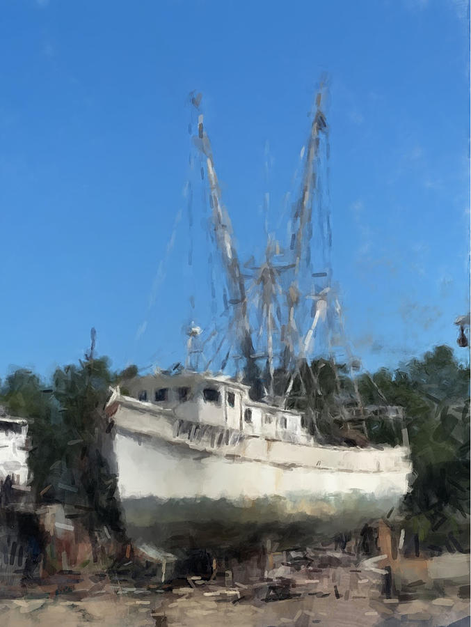Shrimp Boat in Dry Dock Painting by Gary Arnold